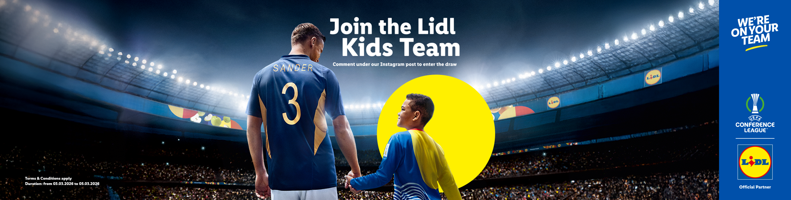 Footballer and child in a stadium, promoting a kids' team event.