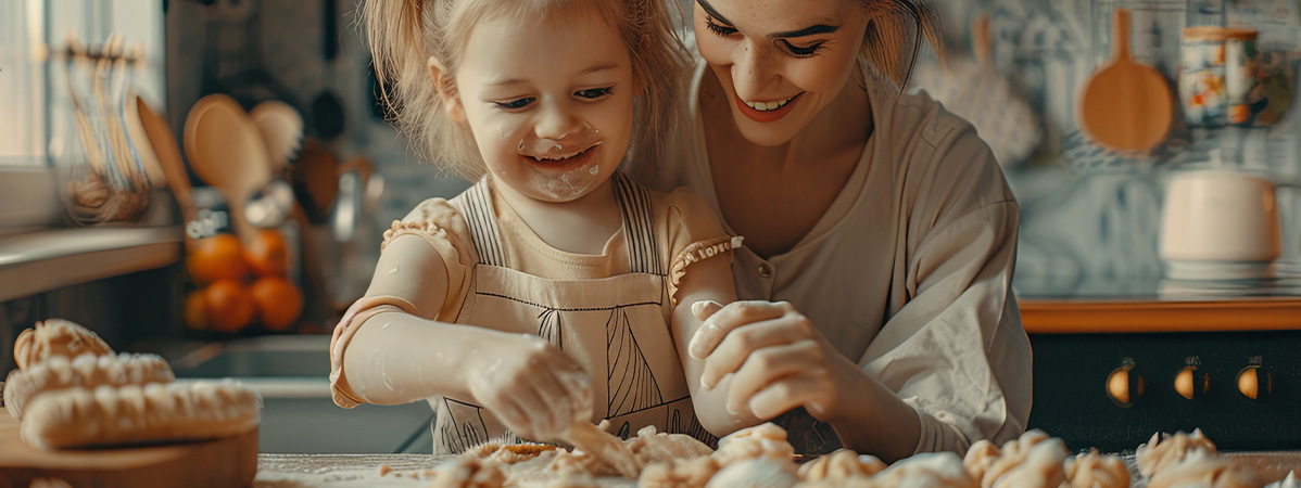 Mother and daughter baking pastries in the kitchen.