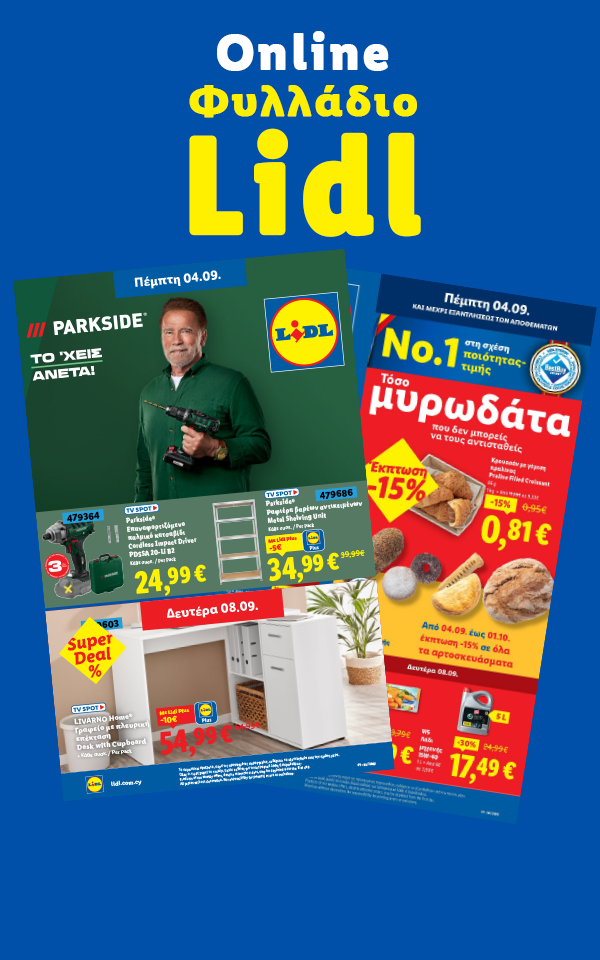 Ηλεκτρονικό φυλλάδιο Lidl με ηλεκτρικά εργαλεία, μεταλλική ραφιέρα, γραφείο και αρτοσκευάσματα.
