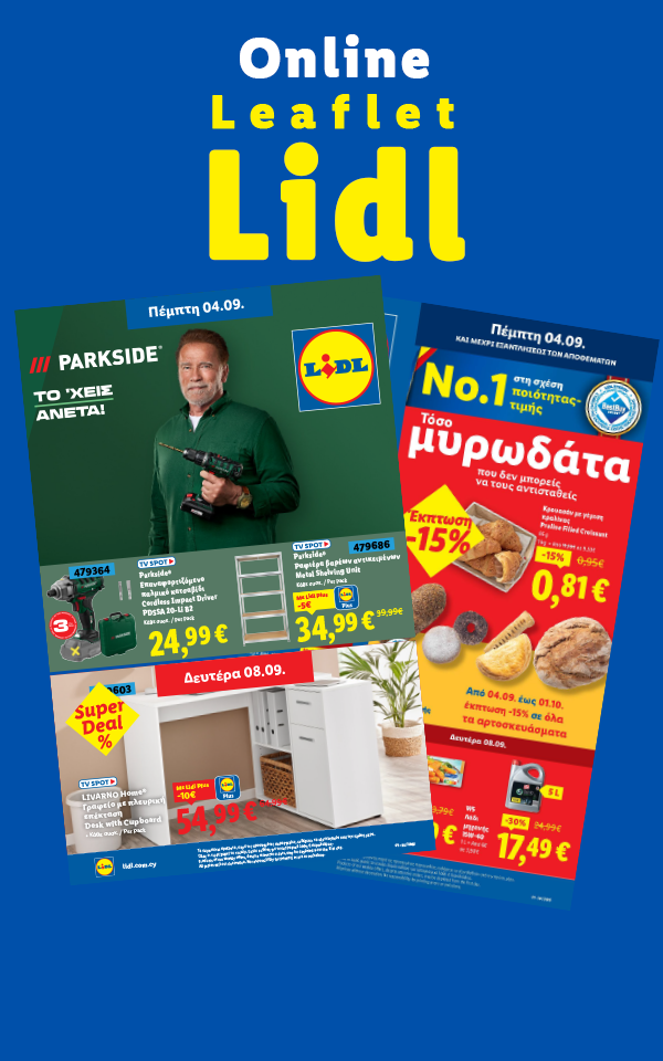 Lidl online leaflet featuring power tools, shelving units, office furniture, and baked goods.