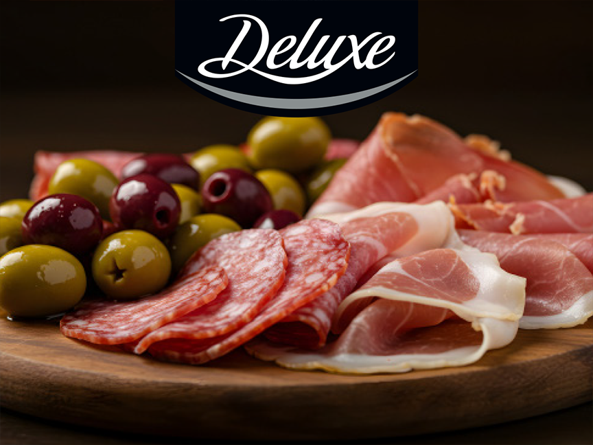Λουκάνικο, προσούτο και ελιές Deluxe σε ξύλινη σανίδα.