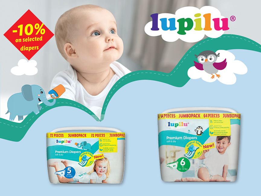 Lupilu Premium Diapers jumbo packs, featuring a playful design, are on sale for 10% off selected sizes.