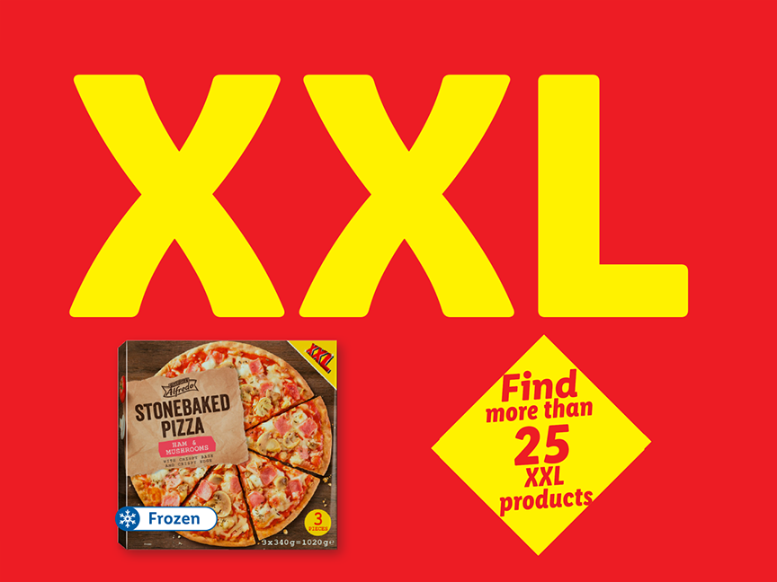 XXL frozen stonebaked pizza with ham and mushrooms, advertising more XXL products.