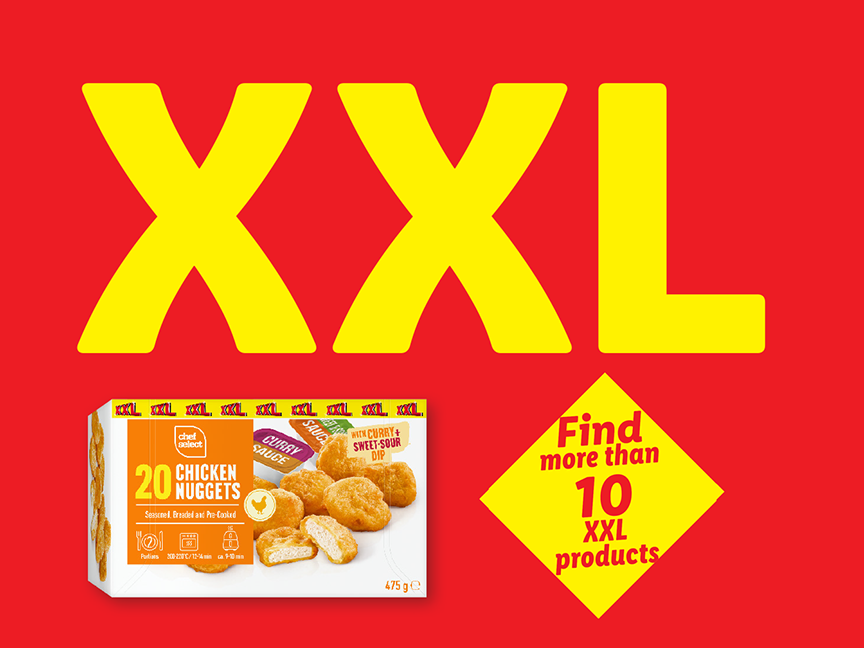 XXL chicken nuggets with curry and sweet-sour dip, promoting more XXL products.