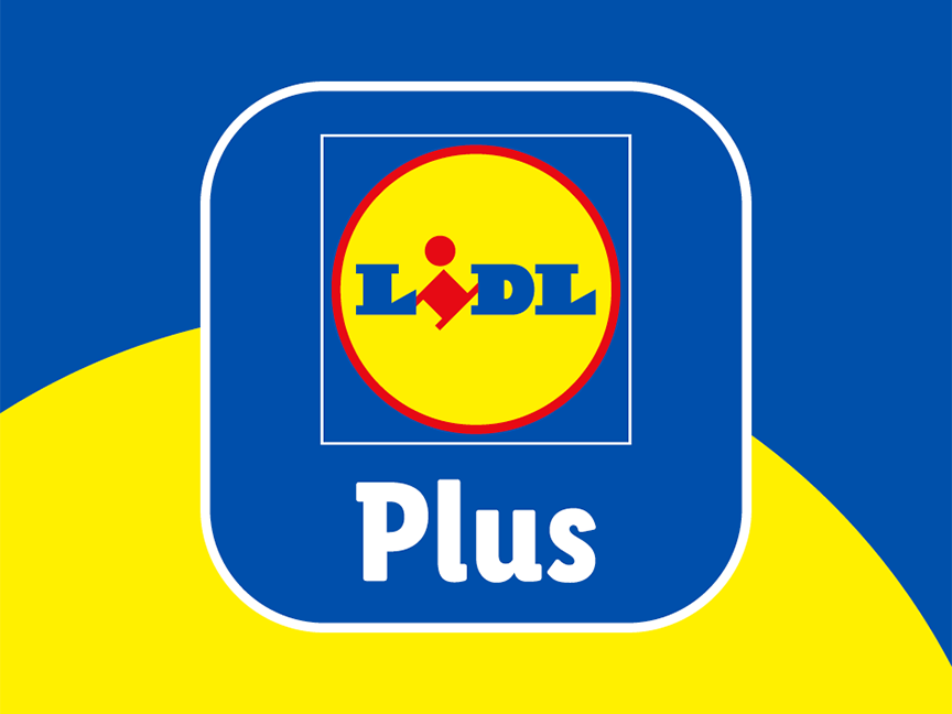 Λογότυπο Lidl Plus σε μπλε και κίτρινο φόντο.