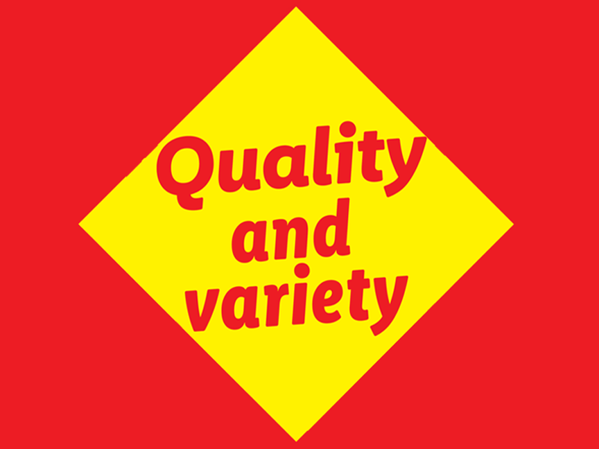 A yellow diamond on a red background proclaims: 'Quality and variety'.