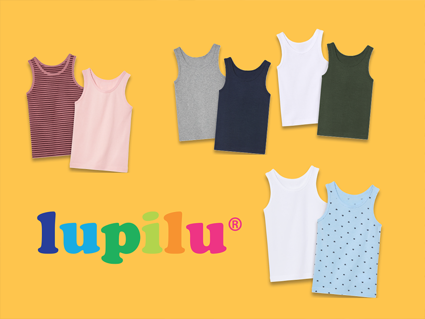 Multiple children's tank tops in various colors and patterns, with the Lupilu logo.
