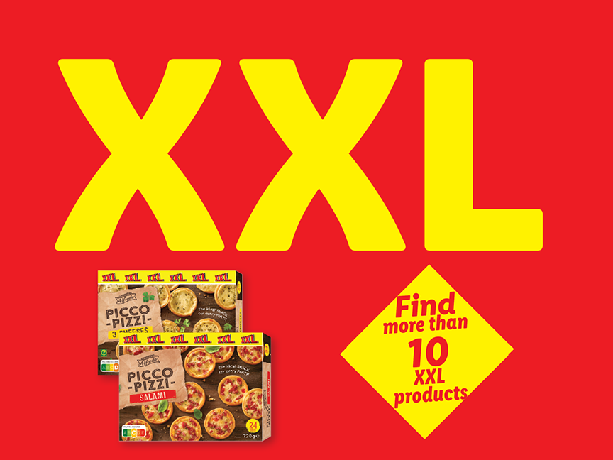 A red background with large yellow 'XXL' text, featuring two boxes of mini pizzas and a yellow diamond with text.
