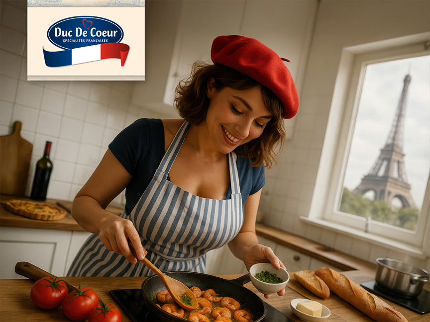 Woman in a French kitchen cooking shrimp, with a Duc De Coeur logo in the corner.