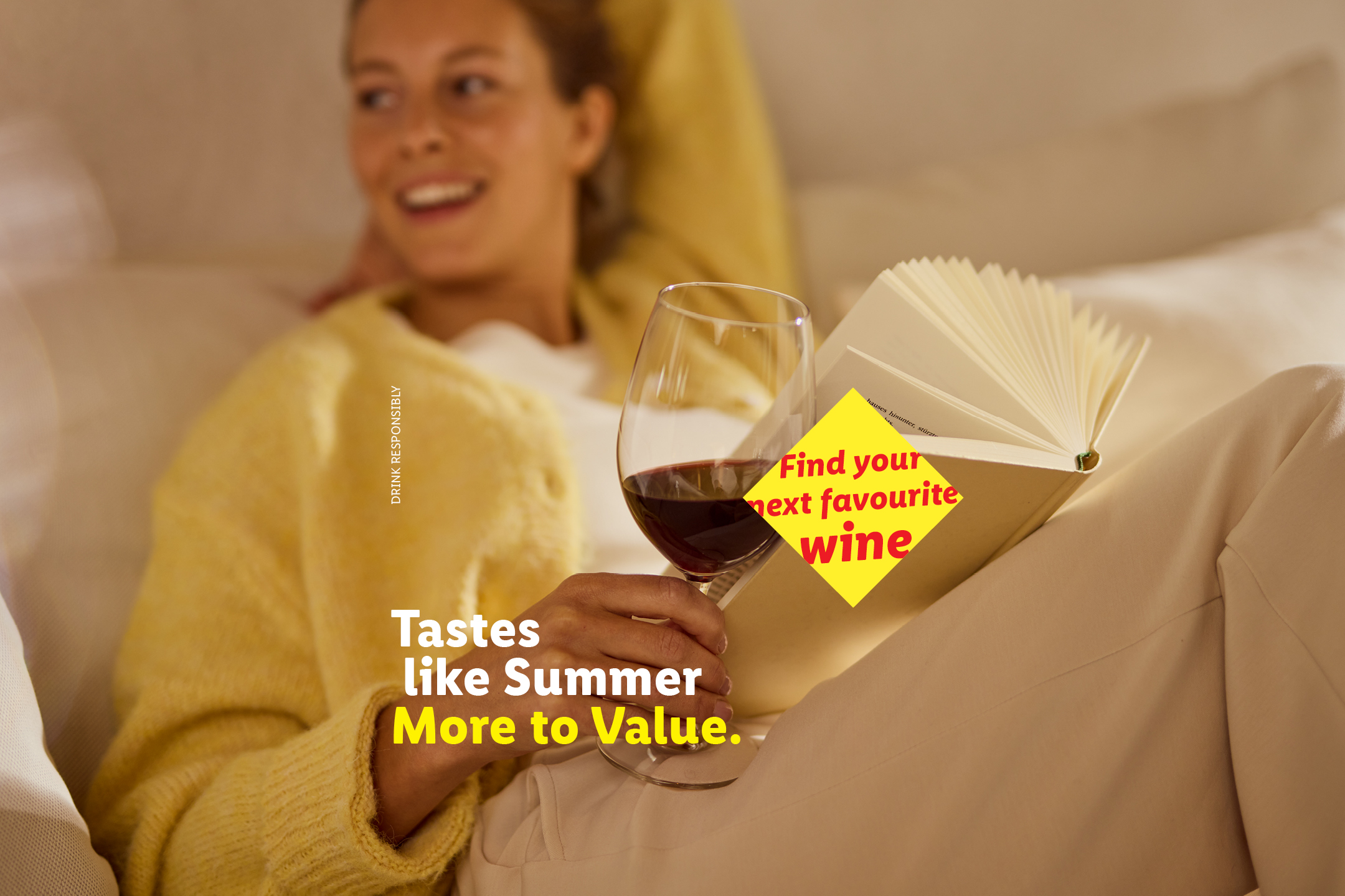A woman relaxing with a glass of red wine and a book, with text 'Tastes like Summer More to Value' and 'Find your next favourite wine'.