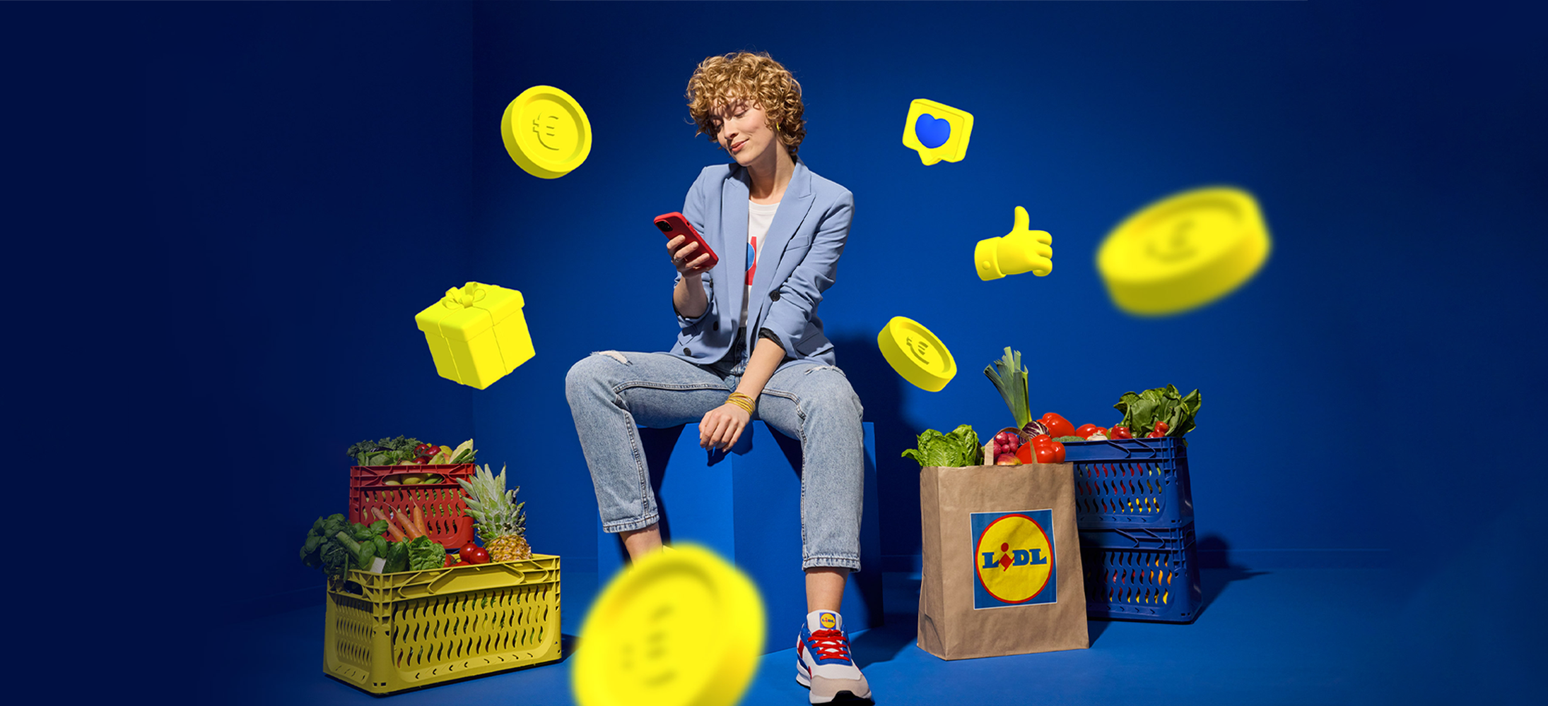 A woman uses her phone to access Lidl's rewards program, surrounded by groceries and virtual coins and gifts.