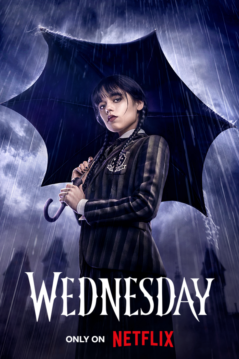 Η Wednesday Addams στη βροχή, κρατώντας ομπρέλα, με τον τίτλο της σειράς και το λογότυπο του Netflix.