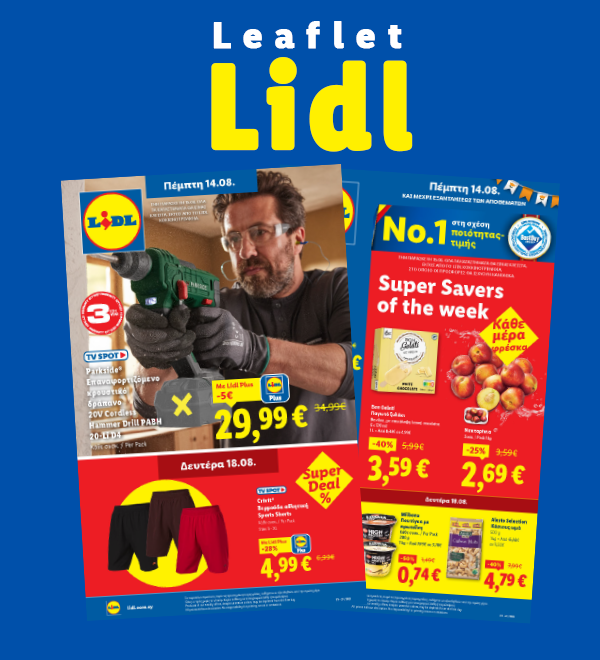 Lidl leaflet featuring a man with a drill, sports shorts, ice cream, and fresh fruit.