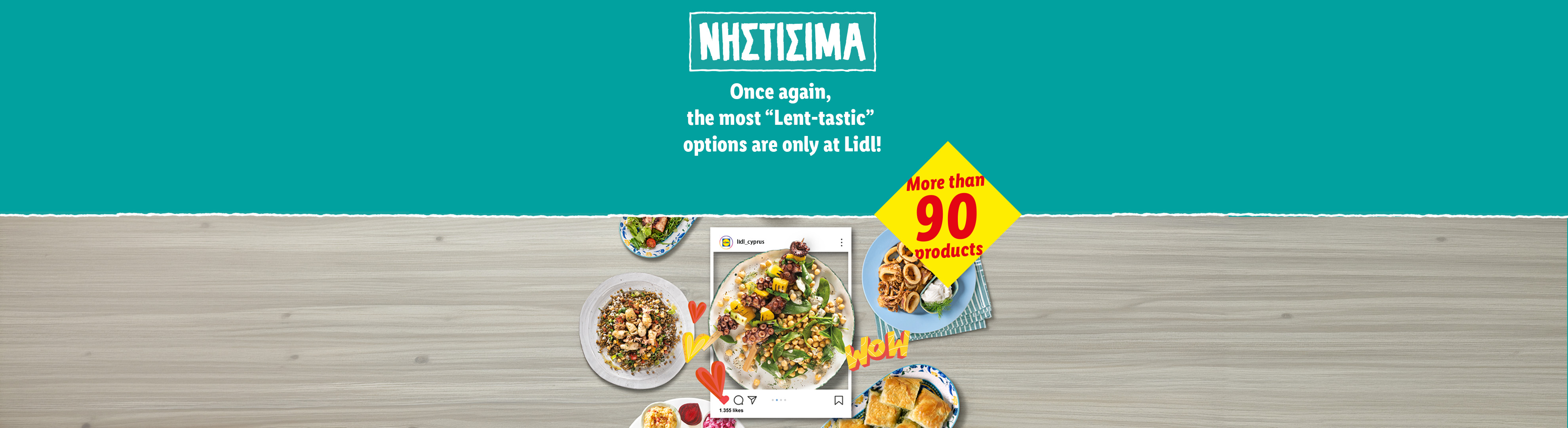 Lent-tastic food options, including seafood, salads, and pastries, with a call to action for over 90 products.