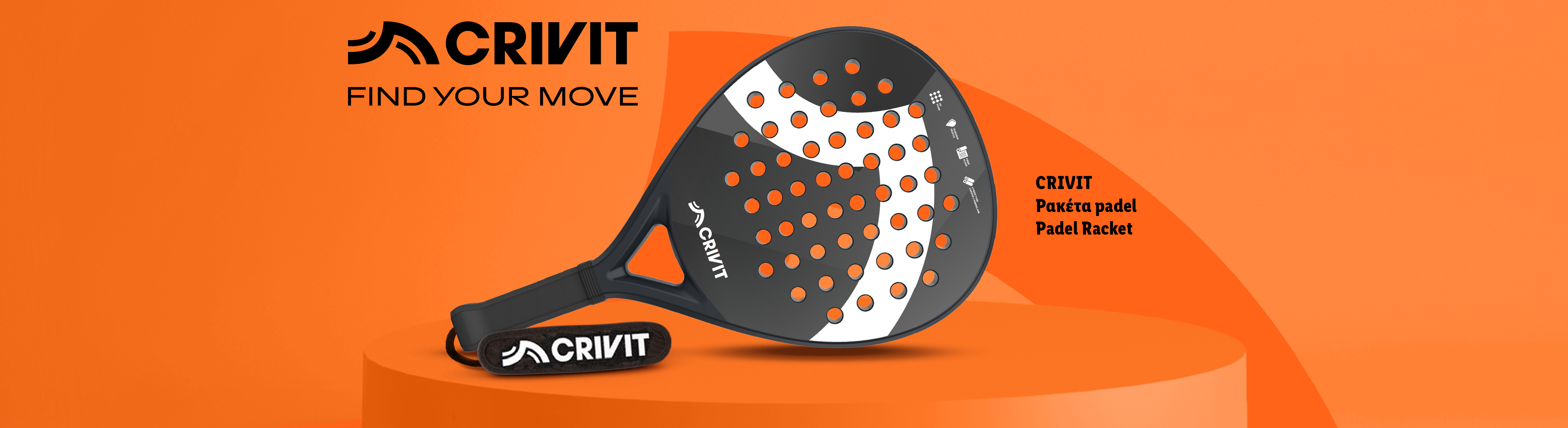 Padel racket on an orange background with the text 'FIND YOUR MOVE'.