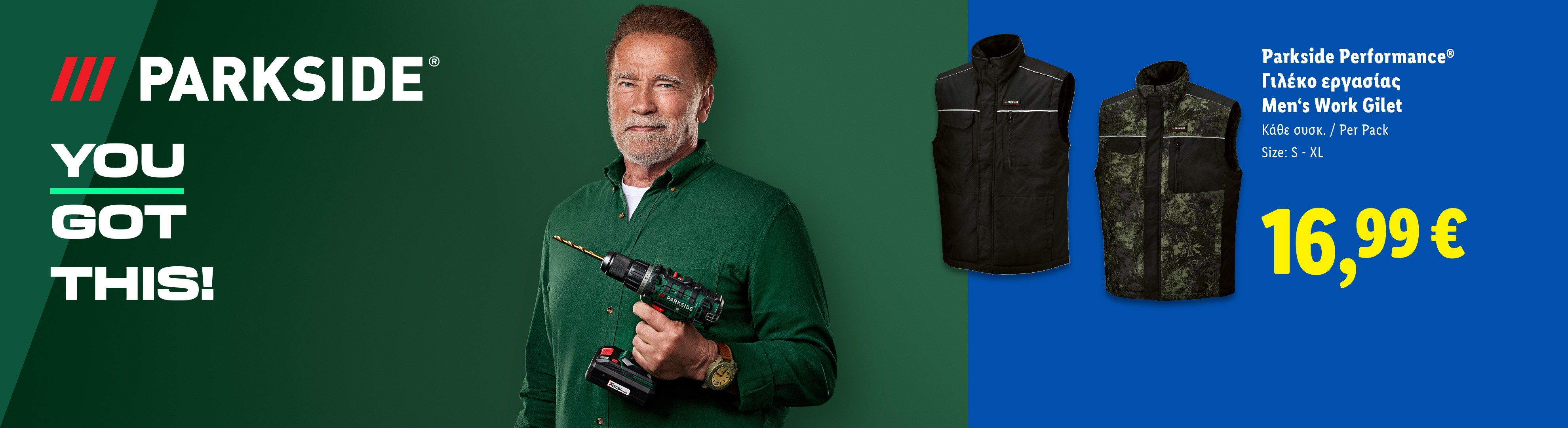 Arnold Schwarzenegger holding a Parkside drill, with Parkside Performance work gillets.