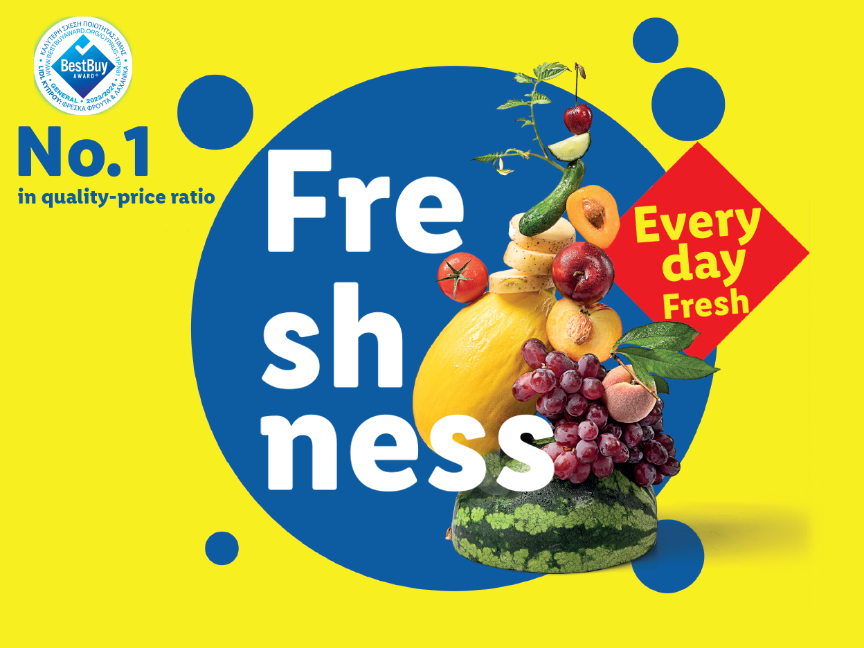 Lidl's fresh produce, Best Buy award winner, emphasizes everyday freshness.