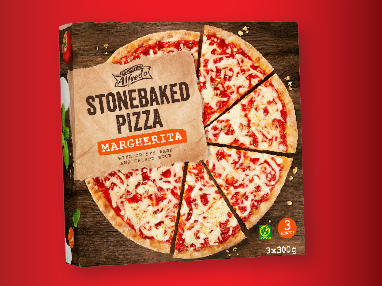 Πίτσα Alfredo Stonebaked Margherita, τρία κομμάτια των 300g σε κουτί.