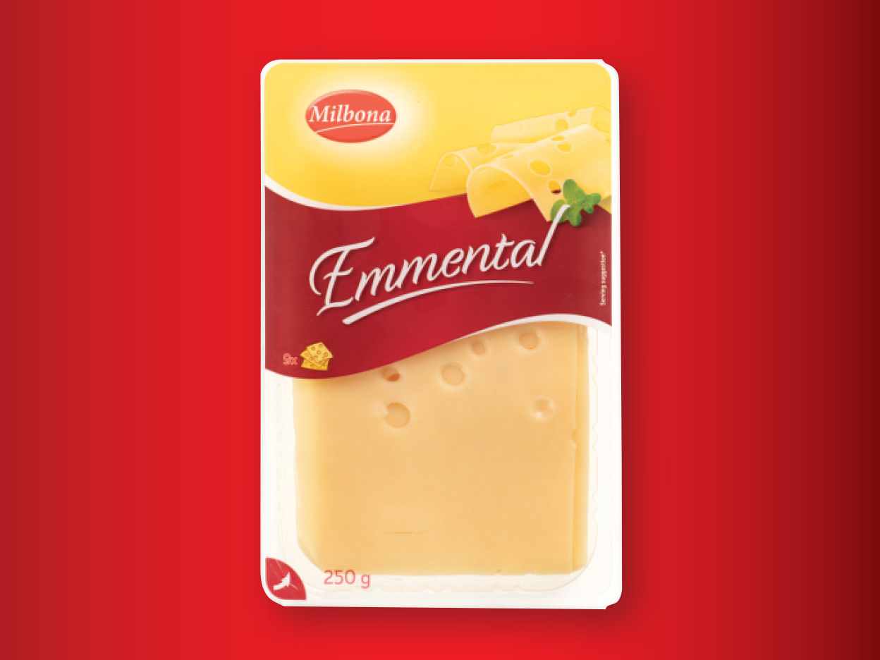 Milbona Emmental cheese slices in a 250g package.