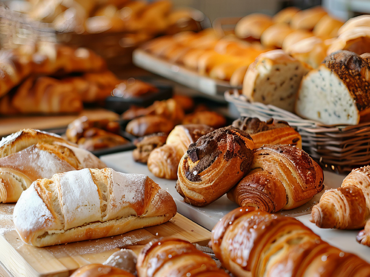A bakery display showcases various pastries, including croissants, bread, and other baked goods.