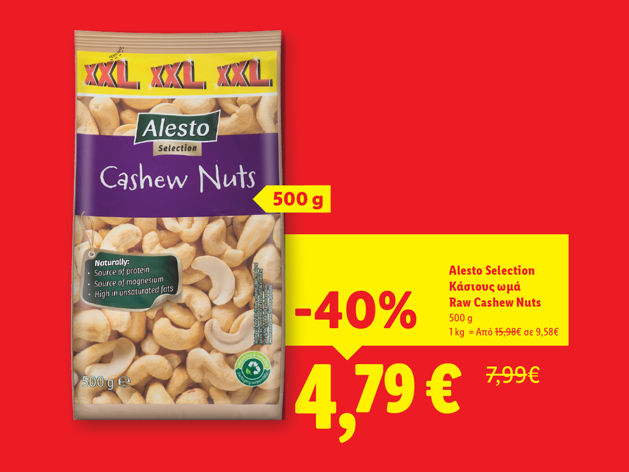 Alesto Selection Cashew Nuts in a 500g bag, with a 40% discount, priced at €4.79.