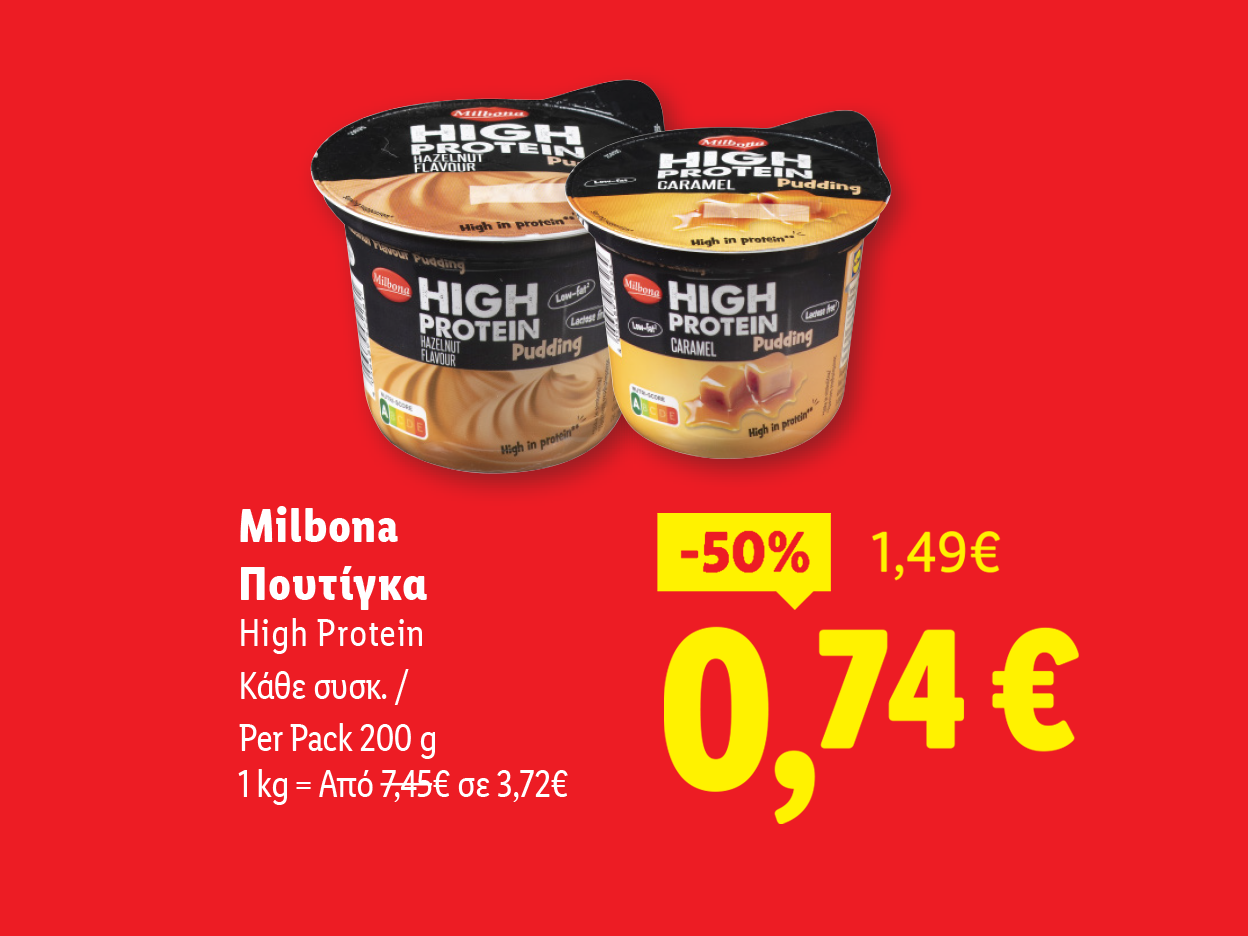 Πουτίγκες Milbona High Protein σε γεύσεις φουντούκι και καραμέλα, σε προσφορά.