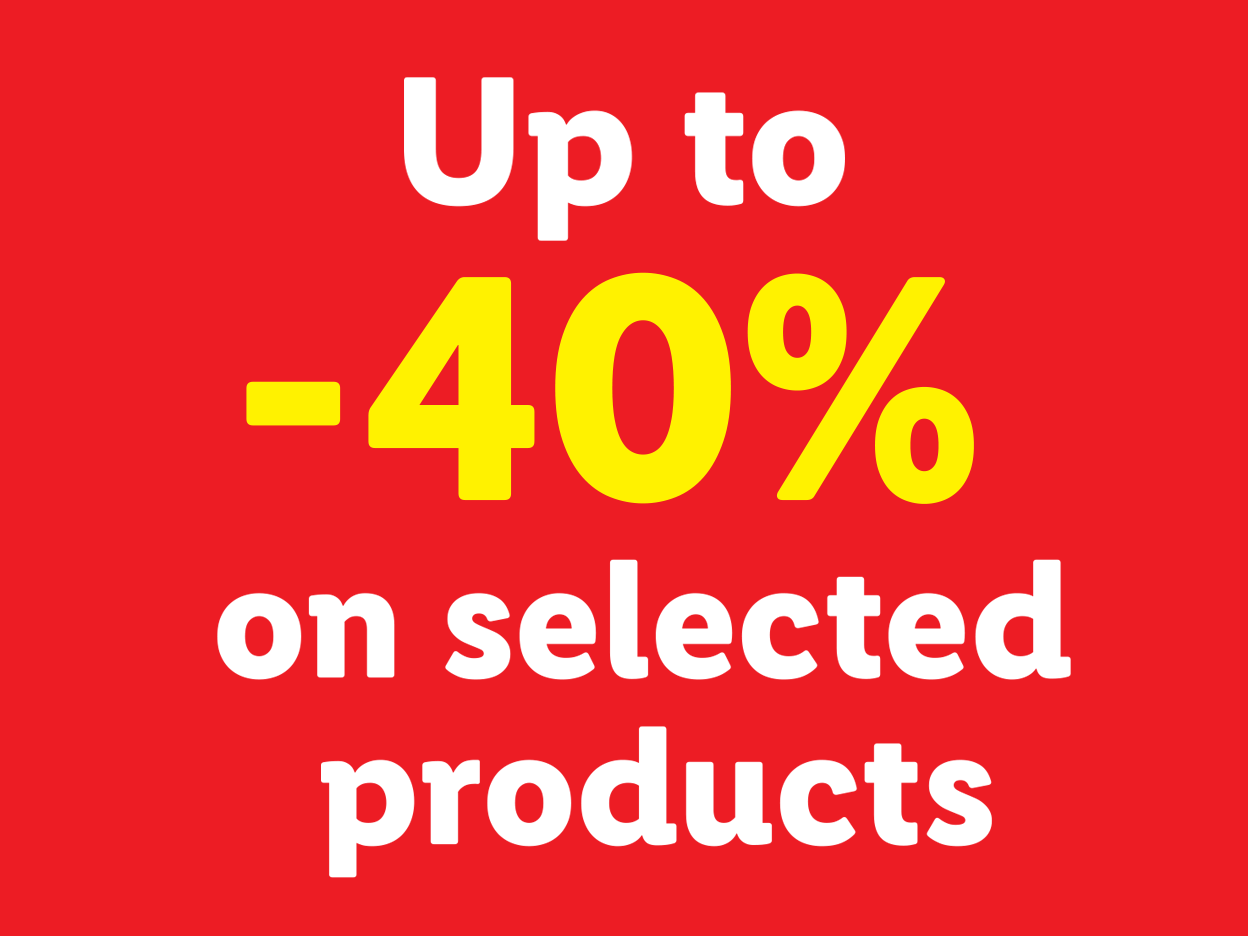 Red banner with white text: 'Up to -40% on selected products'