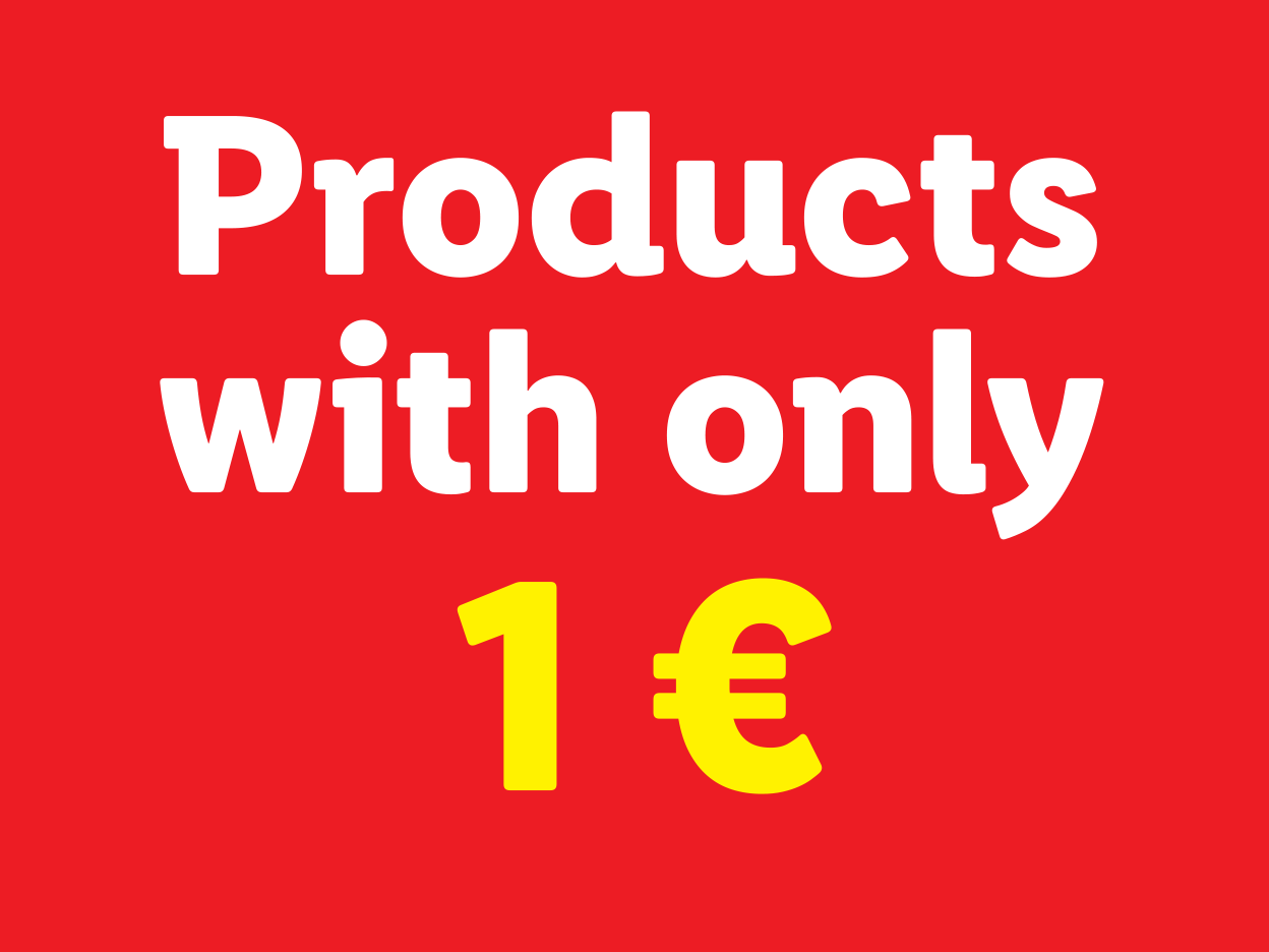 Red sign with white text: 'Products with only 1 €' and a yellow euro symbol.