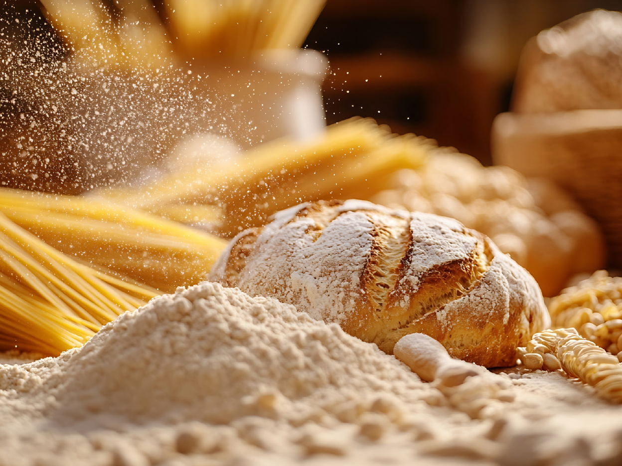 A freshly baked loaf of bread sits in a pile of flour, with pasta in the background.