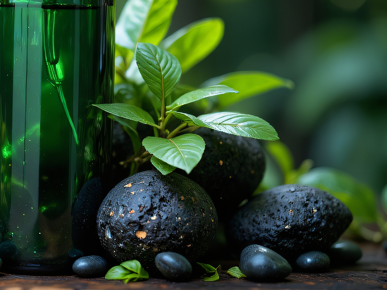 Green bottle with dark avocados and smooth black stones on wood.