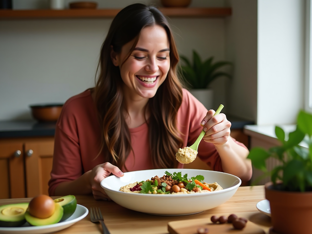 A woman happily eats a healthy hummus bowl with various toppings.