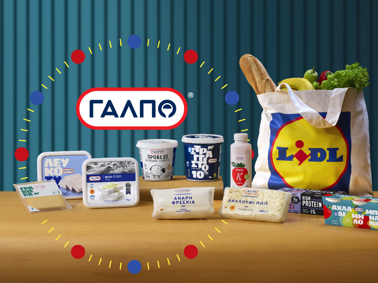 Γαλακτοκομικά προϊόντα Γάλπο και μια τσάντα αγορών Lidl με ψώνια.