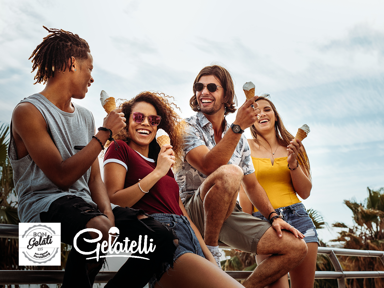 Four young adults happily eating ice cream cones outdoors, with Gelatelli branding.