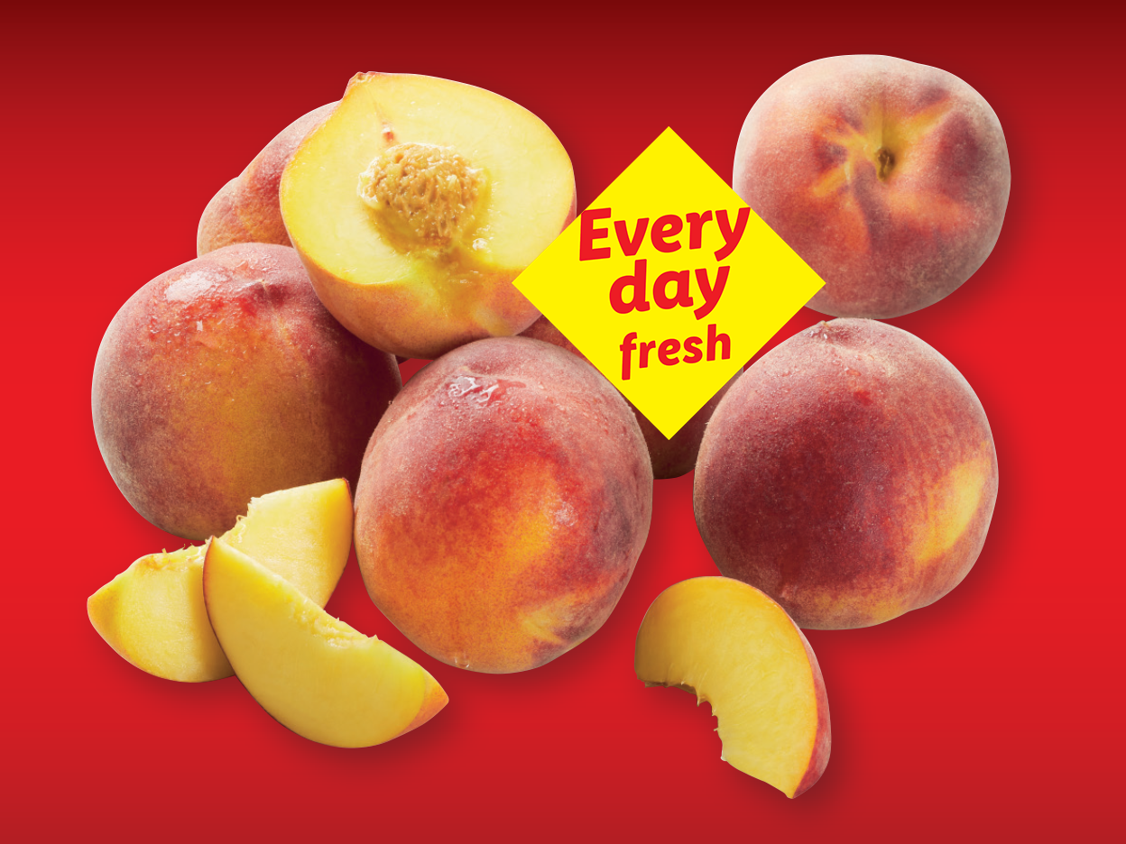 Fresh peaches on a red background with the text 'Every day fresh'.