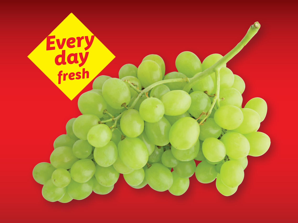 A bunch of green grapes on a red background with a yellow diamond that says 'Every day fresh'.