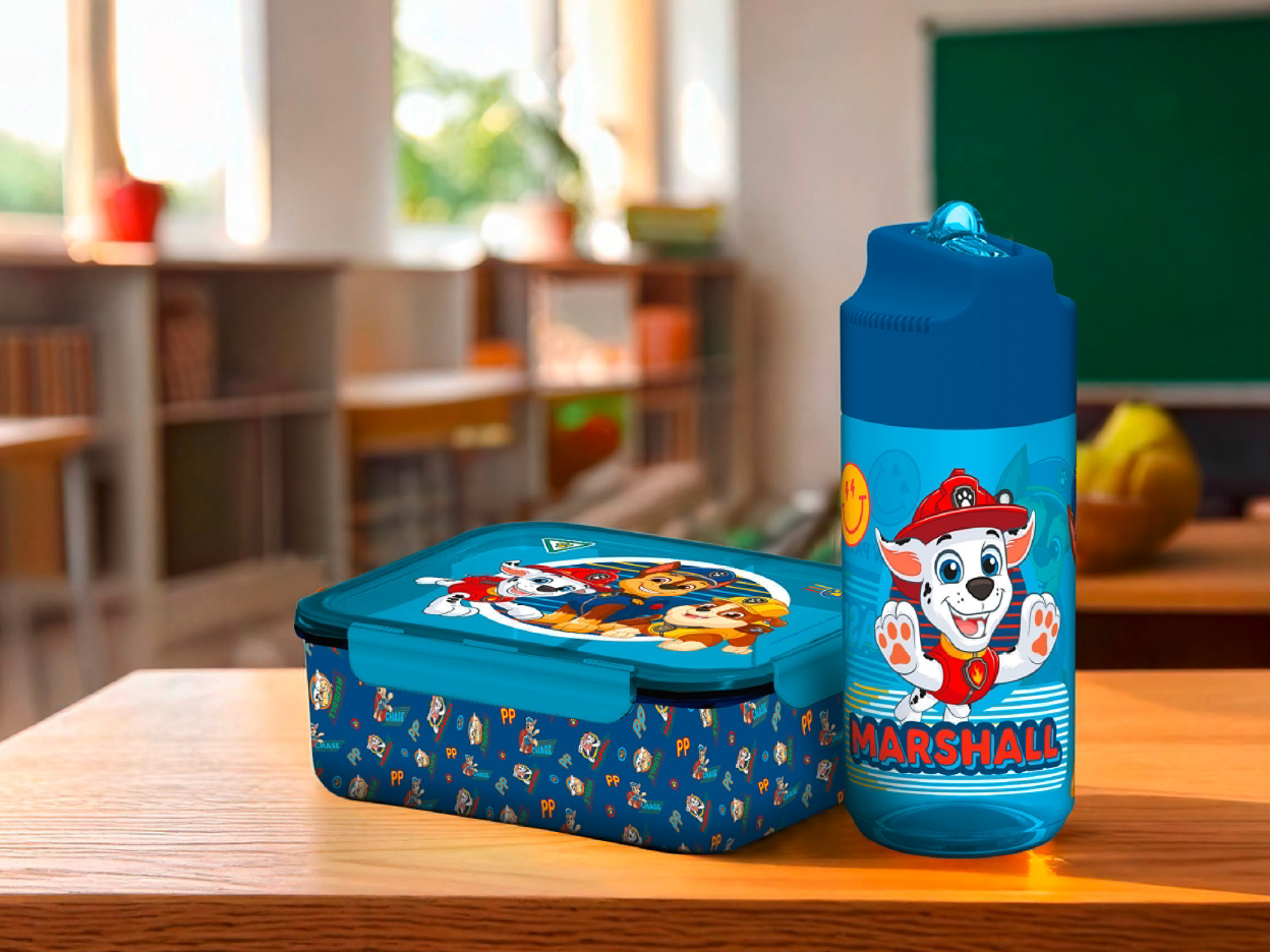 Paw Patrol lunchbox and water bottle on a wooden desk in a classroom.