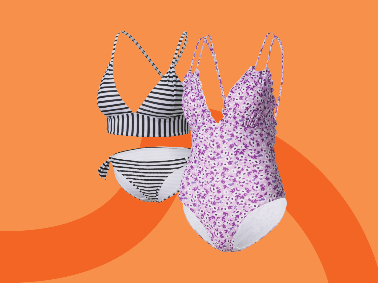 A black and white striped bikini and a purple floral one-piece swimsuit are shown against an orange background.