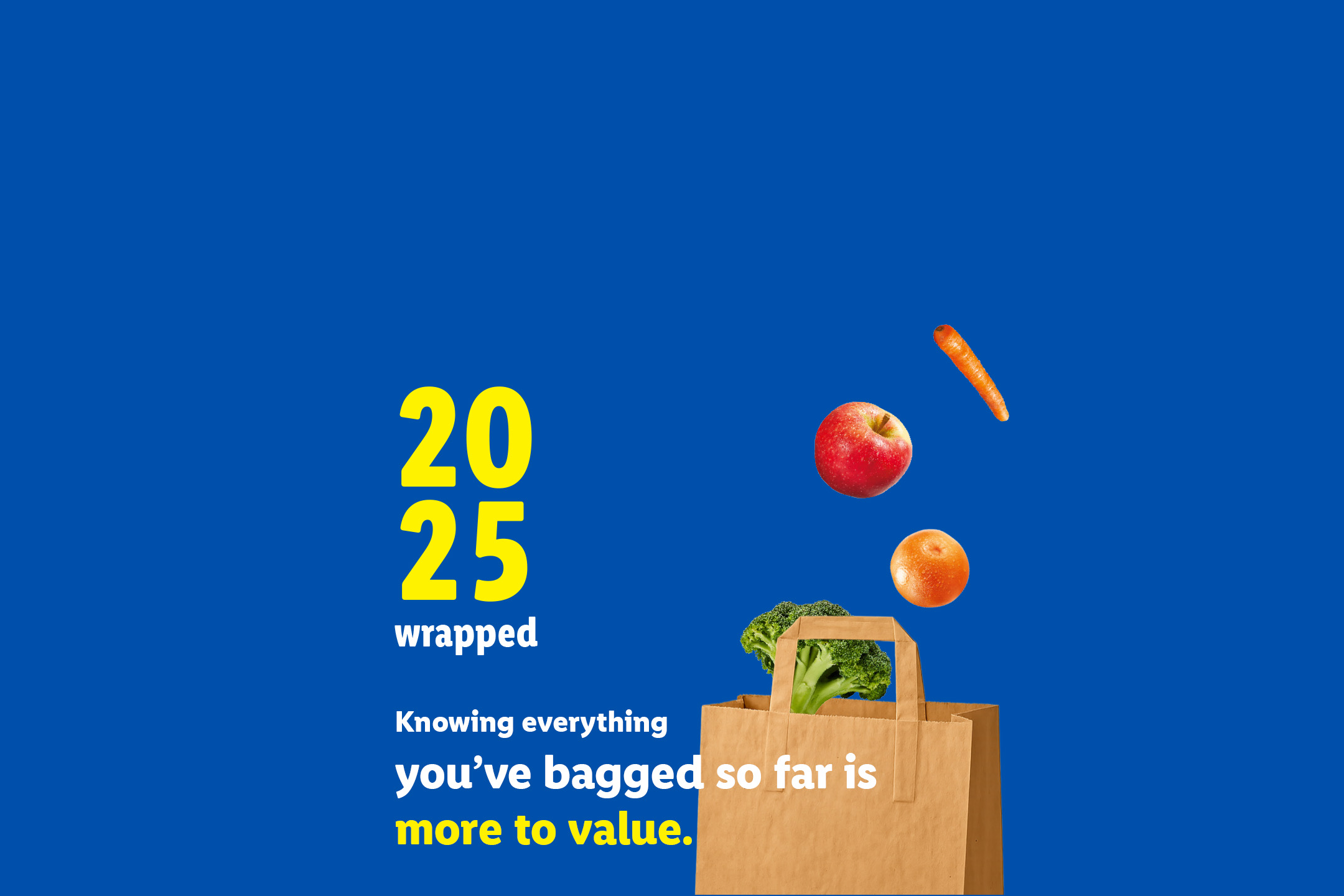 2025 Wrapped: A blue background with text and a brown paper bag filled with groceries.