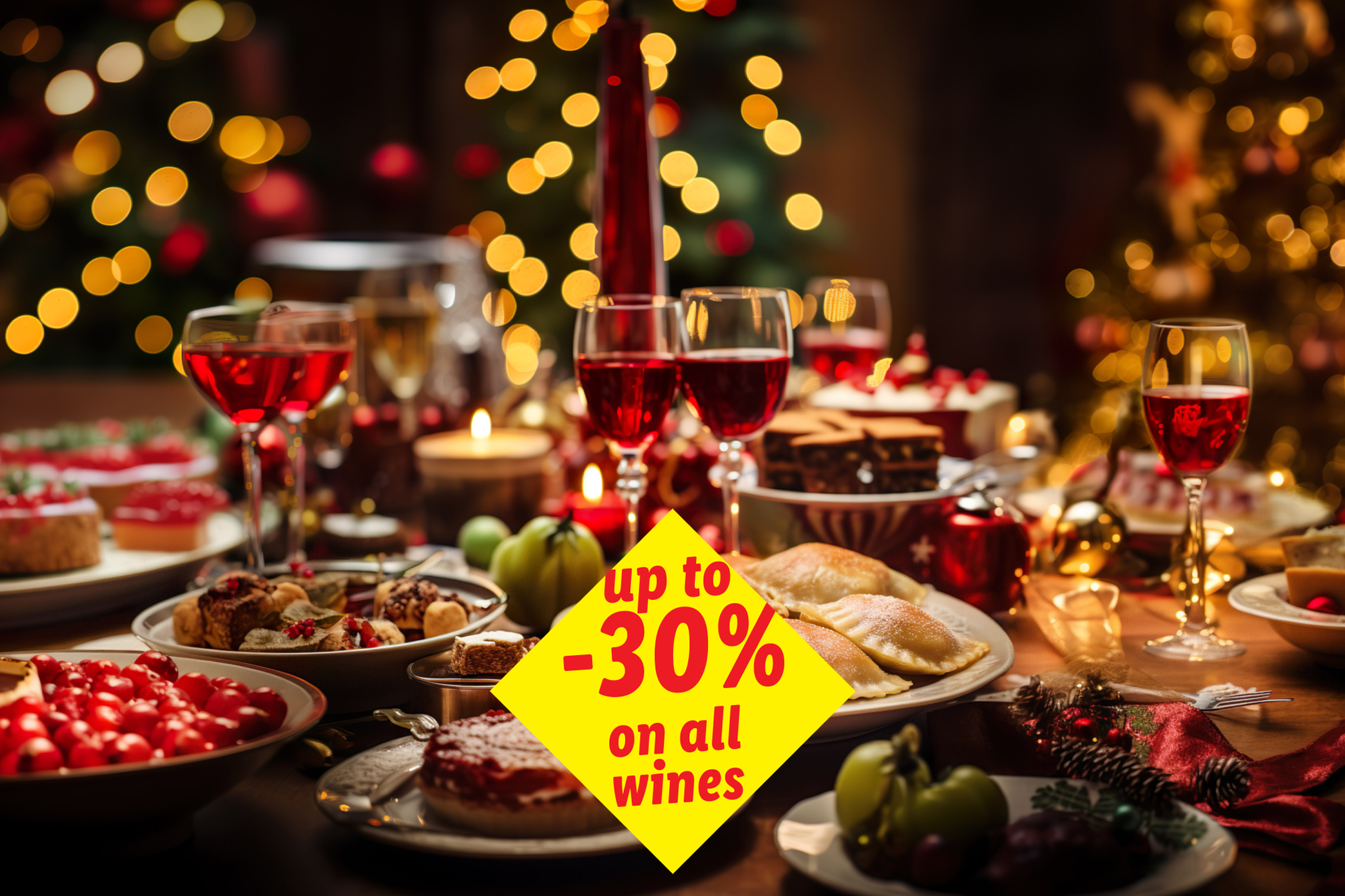 Christmas dinner table with wine glasses, desserts, and a 'up to -30% on all wines' sign.