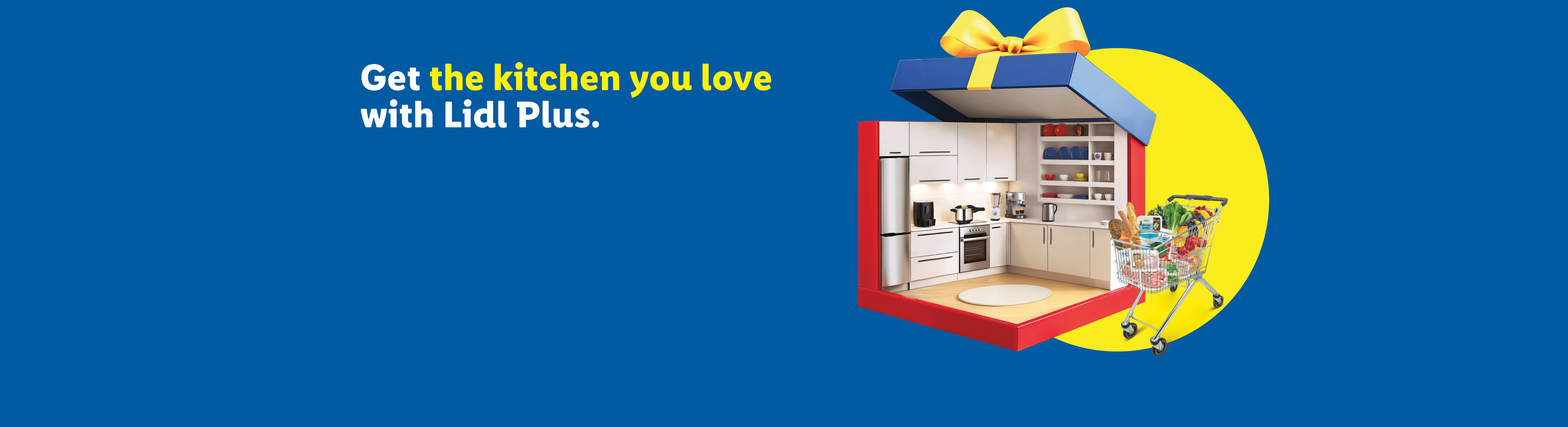 A kitchen inside a gift box with a shopping cart full of groceries. Text: Get the kitchen you love with Lidl Plus.