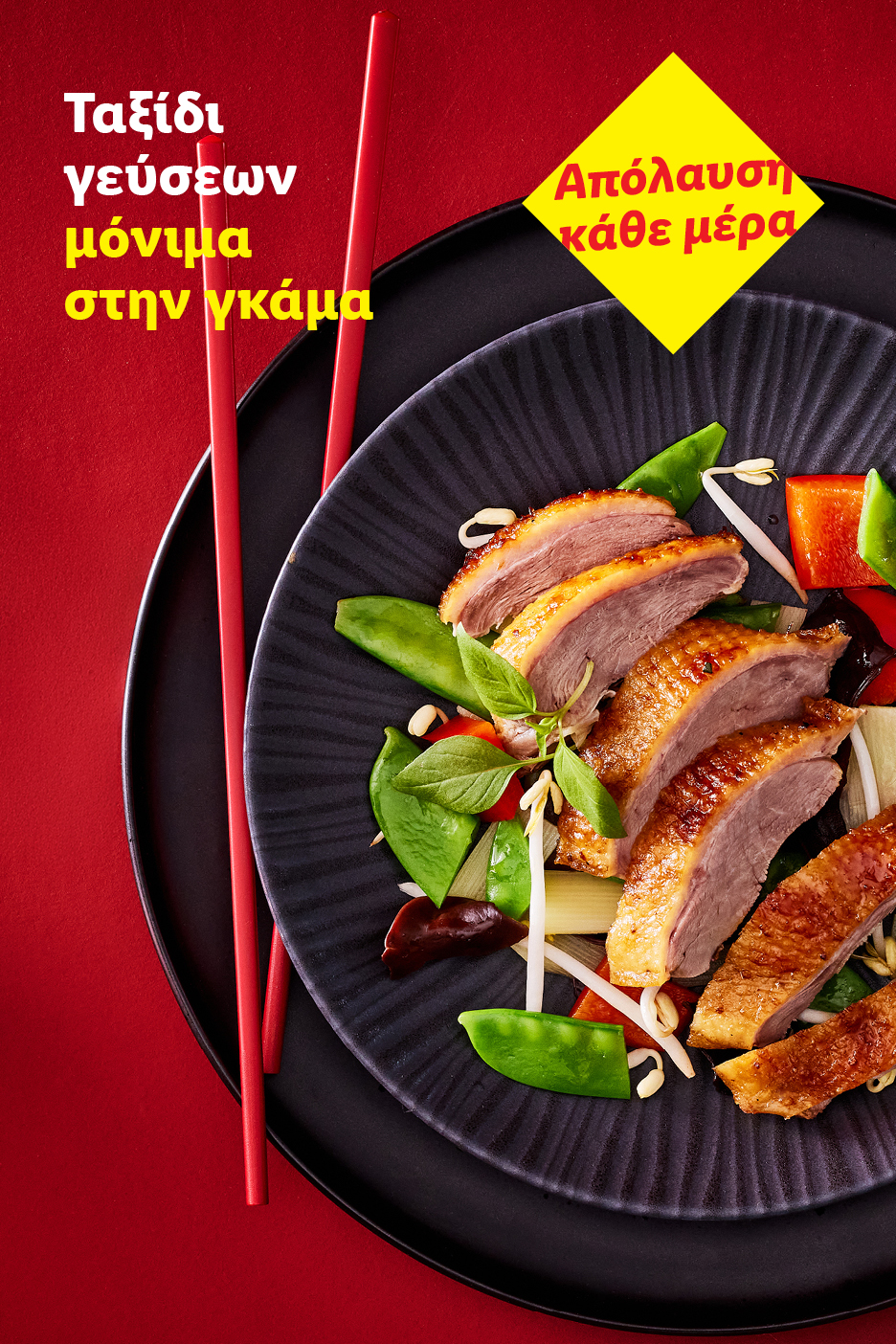 Τραγανή πάπια με λαχανικά stir-fry και chopsticks σε μαύρο πιάτο. Κείμενο: «Ταξίδι γεύσεων μόνιμα στην γκάμα. Απόλαυση κάθε μέρα».