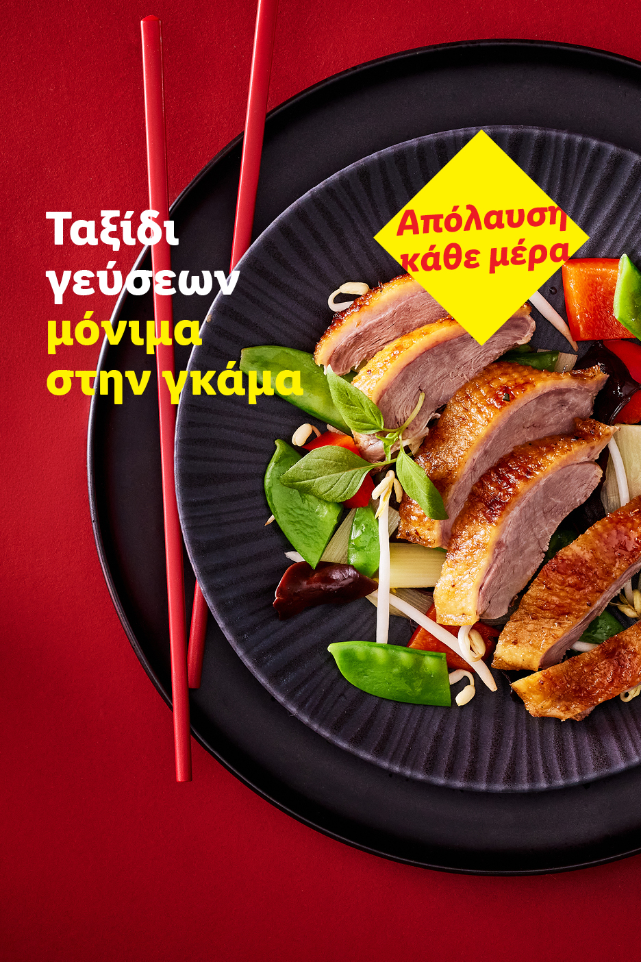 Πιάτο με πάπια και λαχανικά, με κόκκινα chopsticks και κείμενο «Απόλαυση κάθε μέρα».
