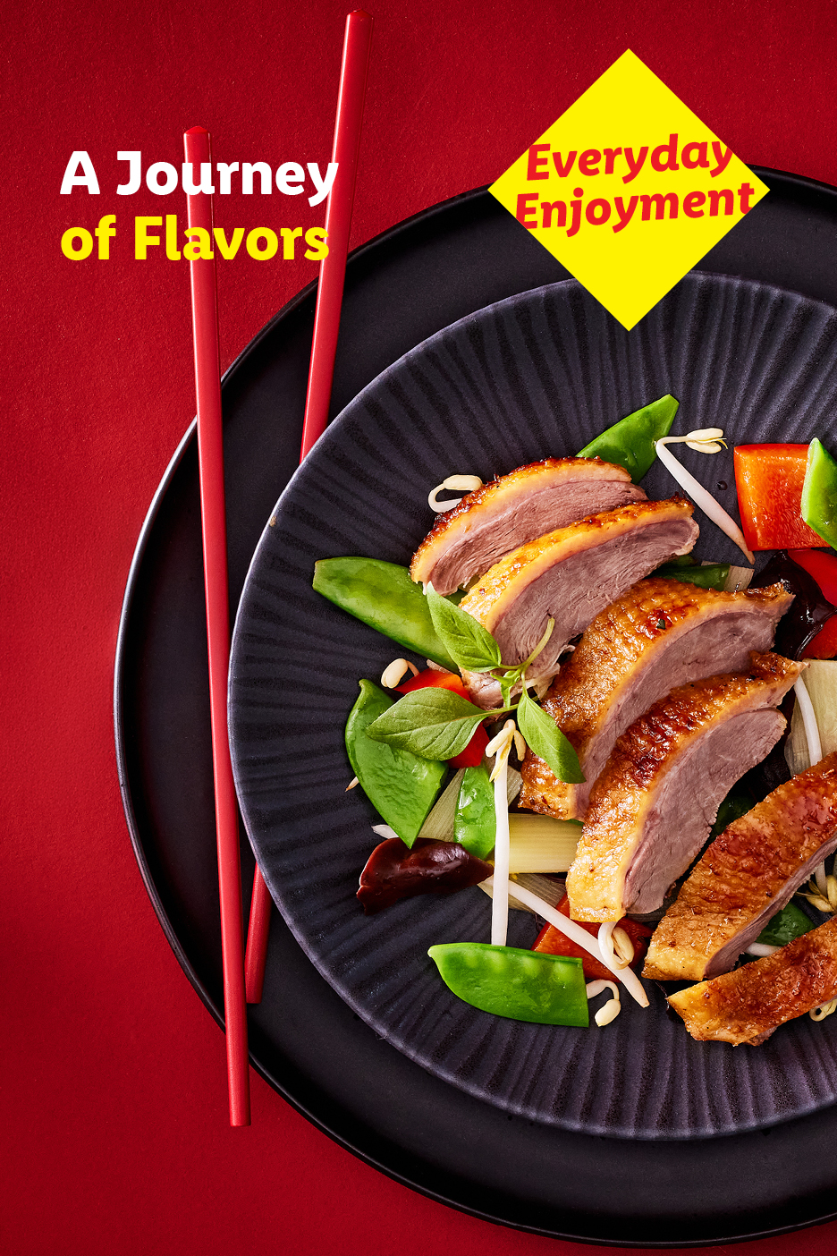 Τραγανή πάπια με λαχανικά stir-fry, chopsticks και κείμενο: «Ένα Ταξίδι Γεύσεων»