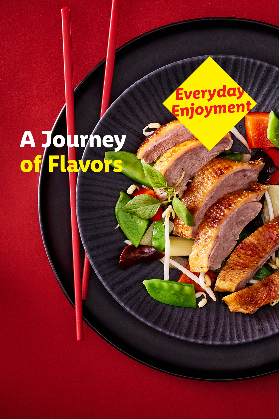 Τραγανή πάπια με σοταρισμένα λαχανικά σε μαύρο πιάτο, με κείμενο 'A Journey of Flavors' και 'Everyday Enjoyment'.