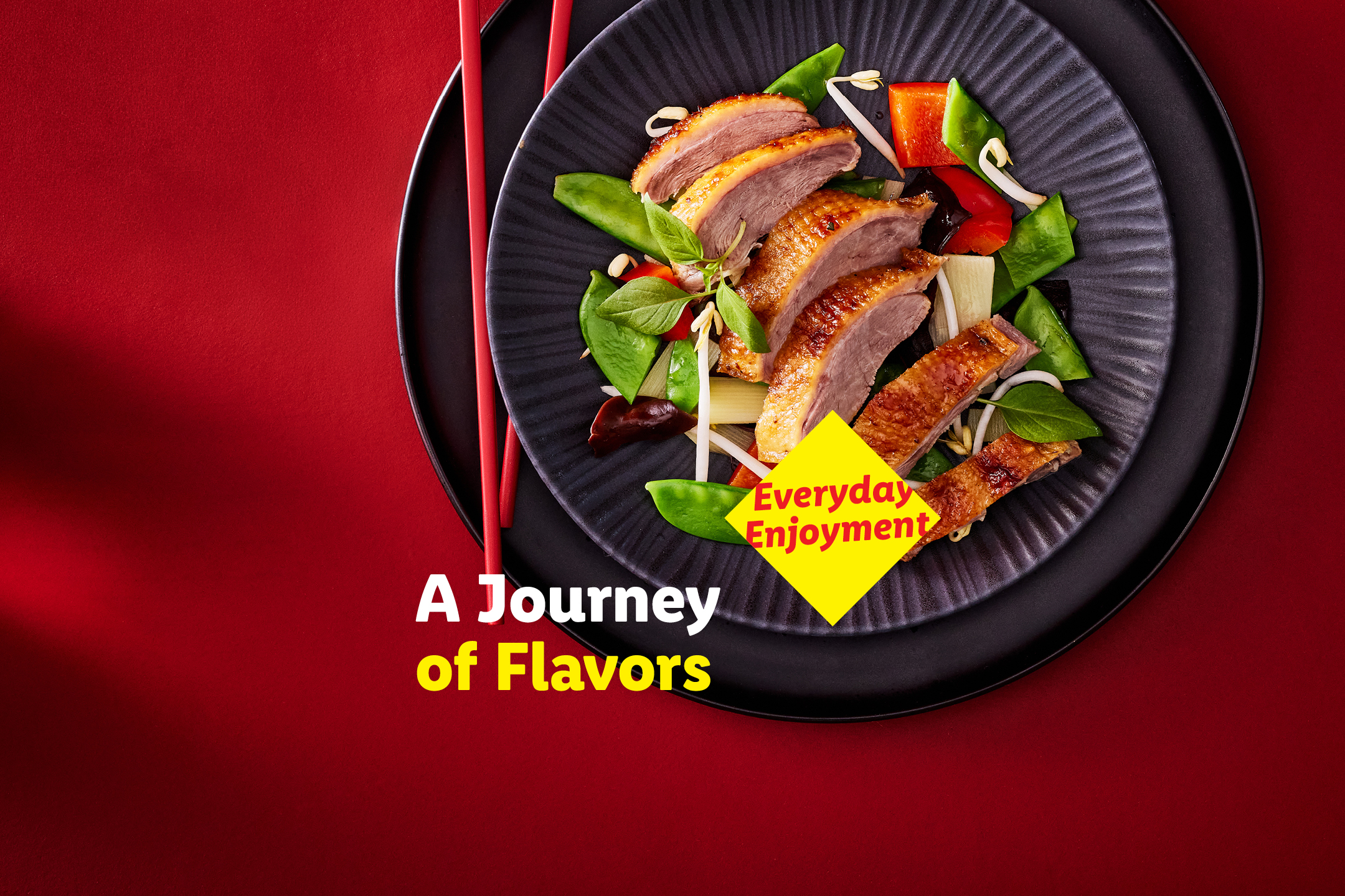 Asian duck stir-fry with vegetables on a black plate, with text 'A Journey of Flavors' and 'Everyday Enjoyment'.