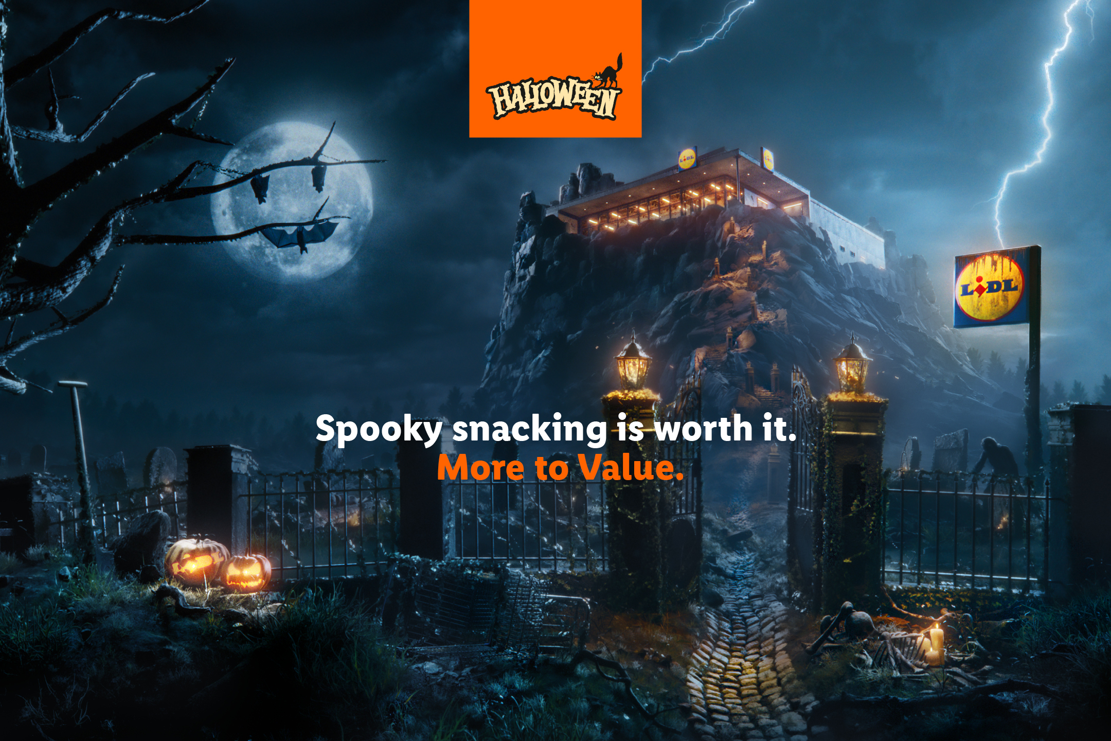 Spooky Halloween themed banner with a haunted castle and the text 'Spooky snacking is worth it.'