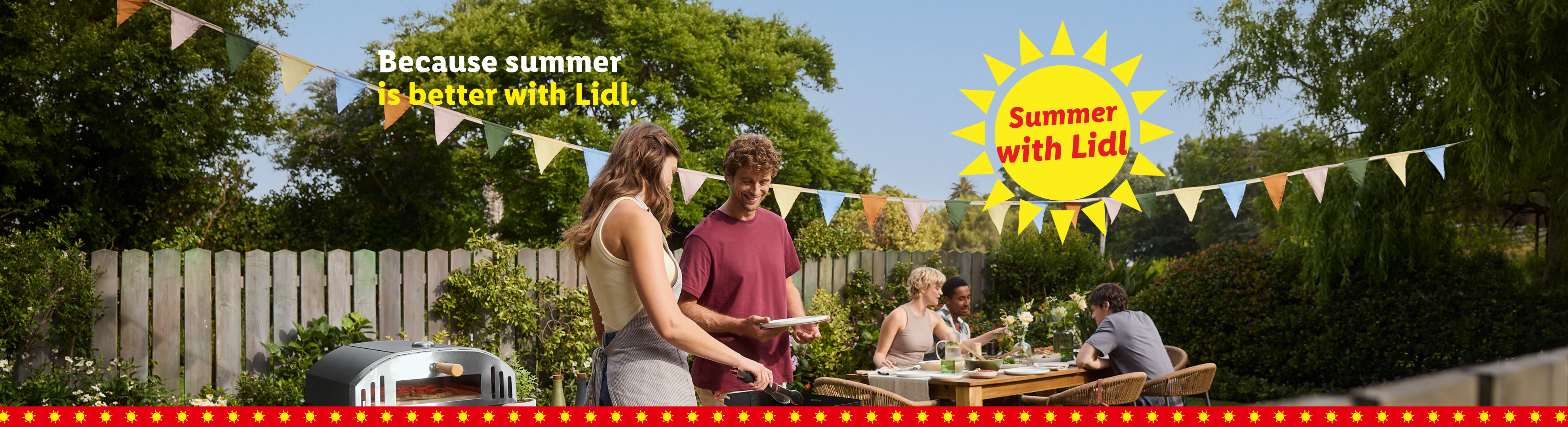 Friends enjoying a summer garden party with a pizza oven and barbecue, text: Summer with Lidl.