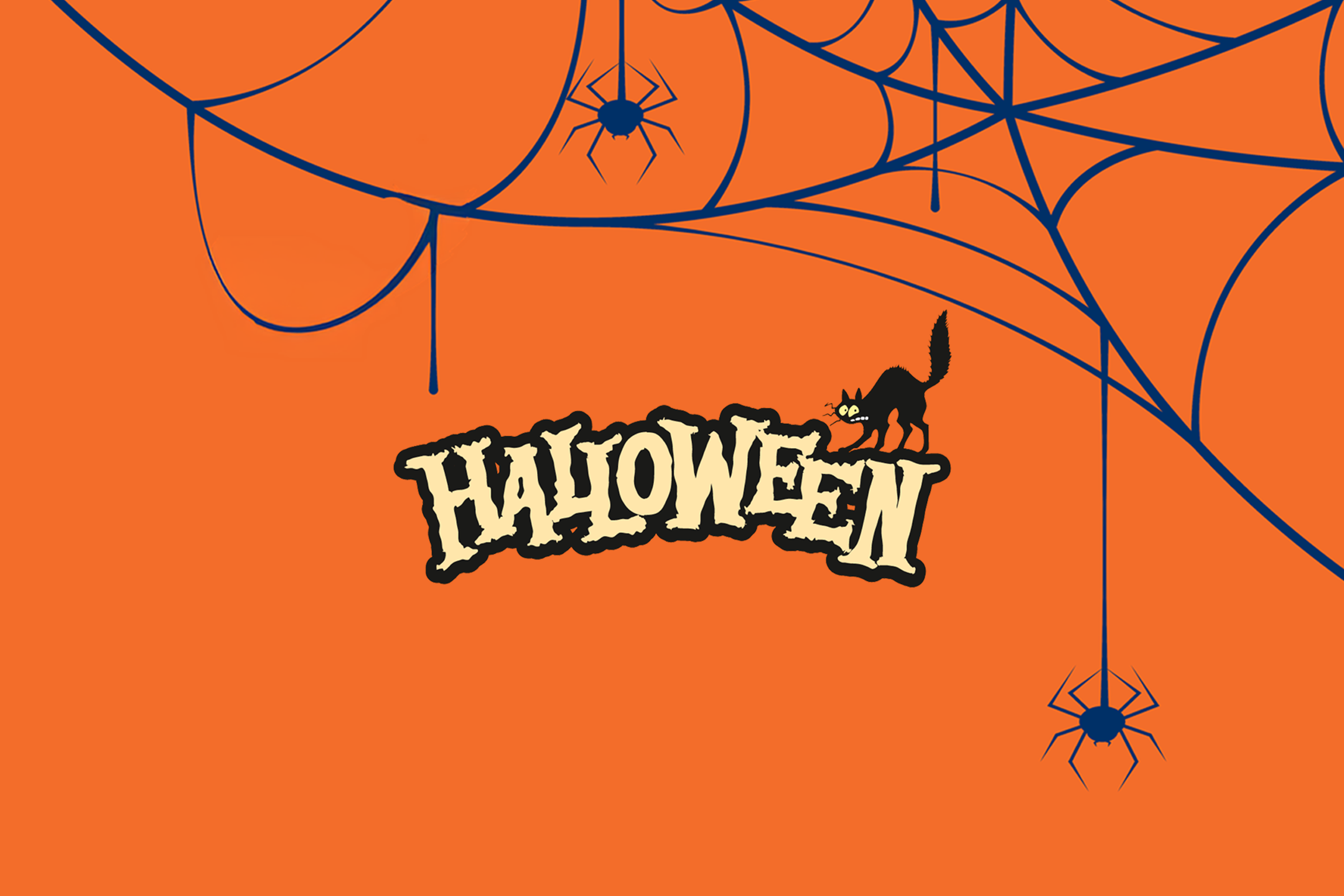 Τρομακτικό πανό για το Halloween με ιστούς αράχνης, αράχνες, μια μαύρη γάτα και το κείμενο 'Halloween'.