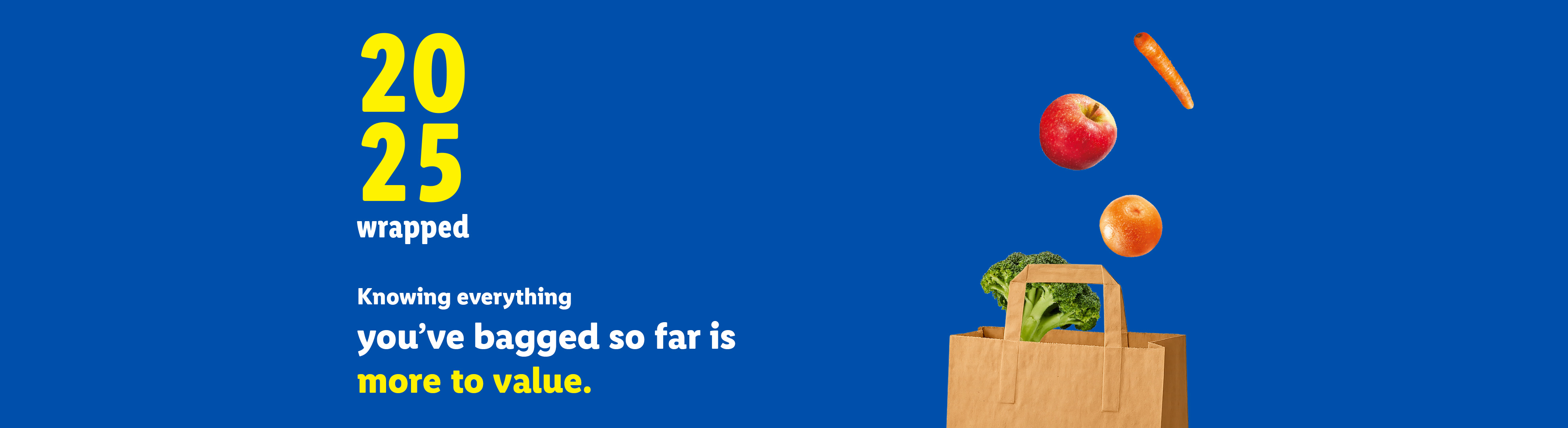 2025 Wrapped: Fresh produce (apple, orange, carrot, broccoli) falling into a paper bag.