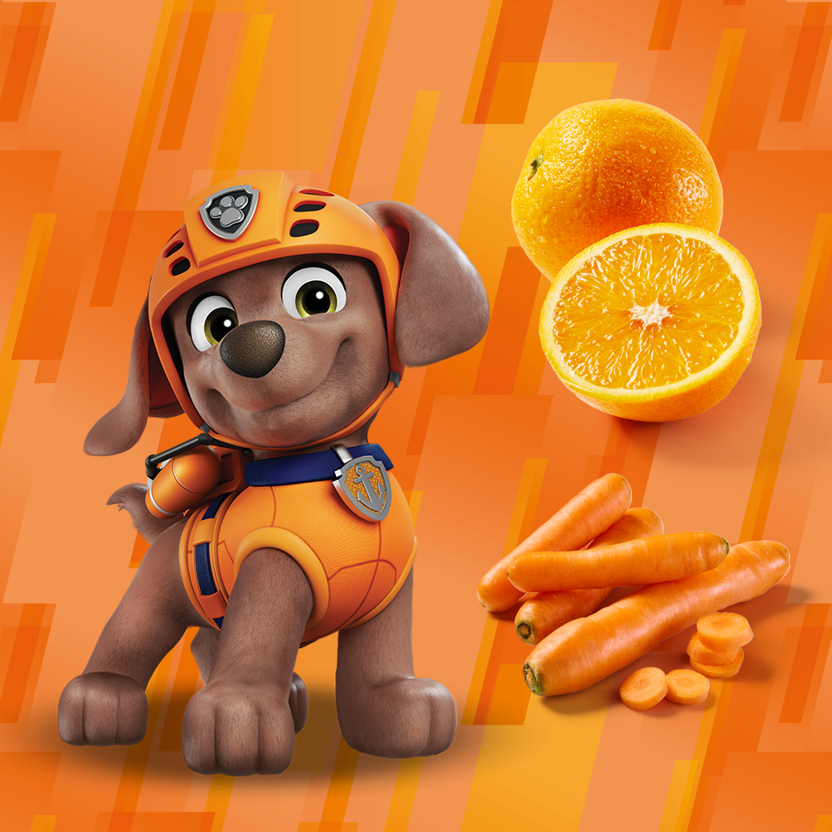 Ο Zuma από το PAW Patrol με πορτοκάλια και καρότα σε πορτοκαλί φόντο.
